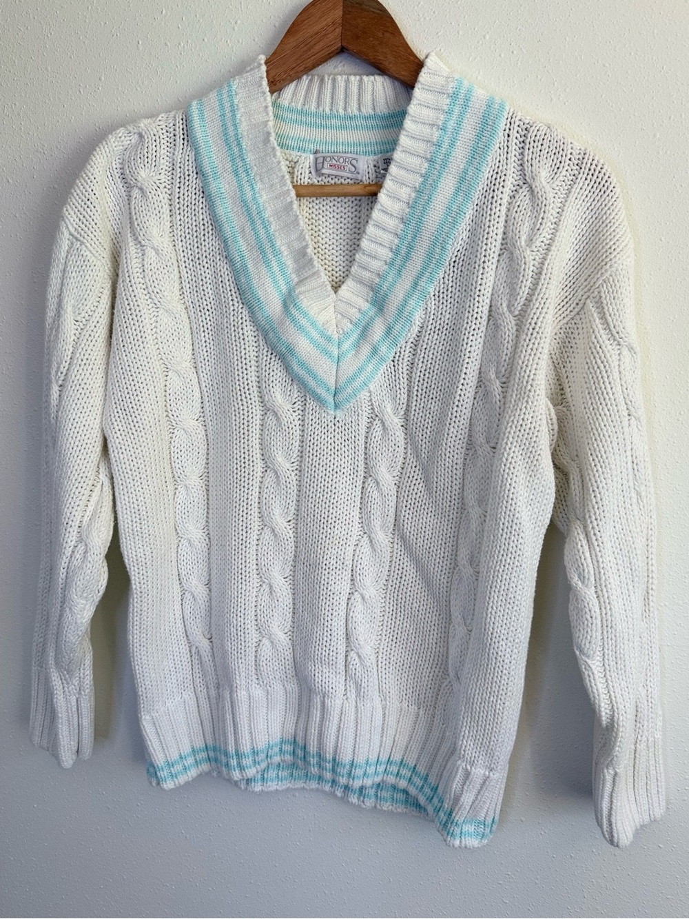 Vintage 80s Honors Misses Cable Knit Cricket Sweater White Aqua M